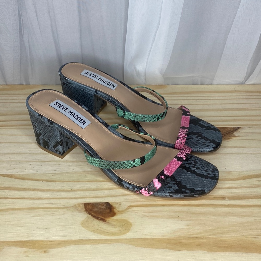 Steve Madden ISSY Strappy Open Toe Mule Block Heel US Women 7.5 Snakeskin